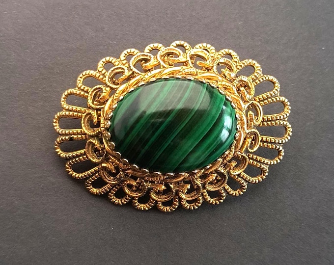 Vintage Malachite Brooch with Bold Design, Gold Filigree
