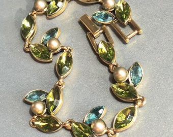 Art Nouveau Style Faux Peridot, Topaz & Pearl Costume Bracelet