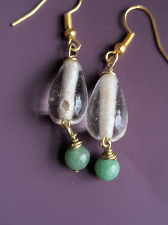 Antique Glass & Jade Bead Drop Earrings, Handmade for Beachy Gift, Bridesmaids Set Available