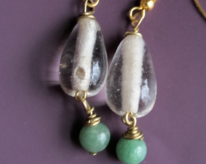 Antique Glass & Jade Bead Drop Earrings, Handmade for Beachy Gift, Bridesmaids Set Available