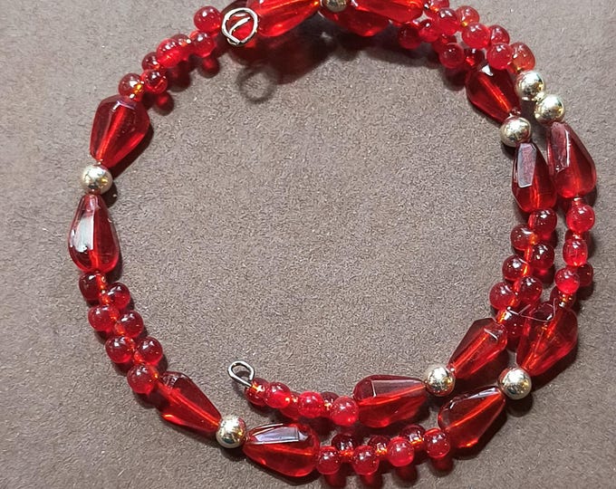 Red Glass Beaded Wrap Bracelet with Silver Accents