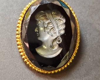 Victorian Mourning Brooch - Cameo Intalio in Black Glass