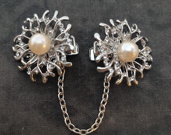 Vintage Silver Tone, Faux Pearl, Crystal And Filigree Sweater Clips