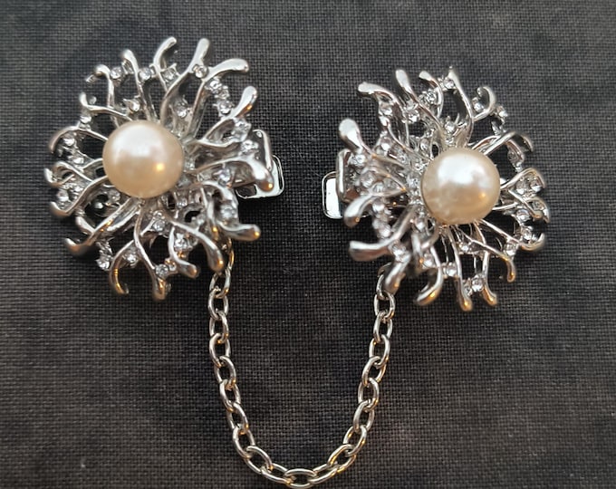 Vintage Silver Tone, Faux Pearl, Crystal And Filigree Sweater Clips