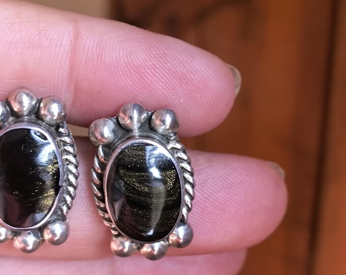 Black Diopside & Sterling SIlver Earrings from Taxco, Mexico - Great Boho, Gothic Feel with lots of Golden Shine! 1 x 3/5 inch