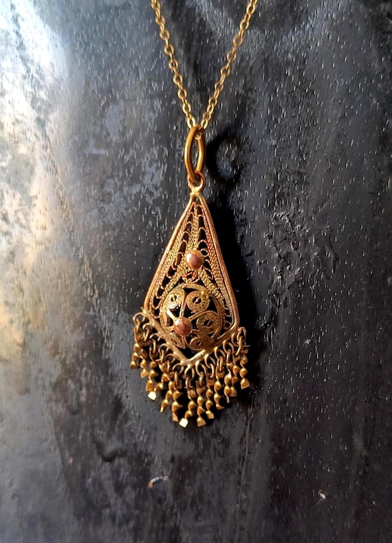Bohemian Copper Filigree Pendant with Gold Gilt, Pendant Drops - Circa 1960s - 18 inch chain