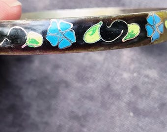 Chinese Export Bangle Bracelet with Original Hallmarks, Vintage Cloisonne Enamel, Blue Floral Motif
