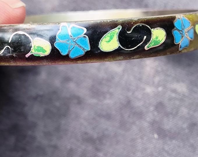 Chinese Export Bangle Bracelet with Original Hallmarks, Vintage Cloisonne Enamel, Blue Floral Motif