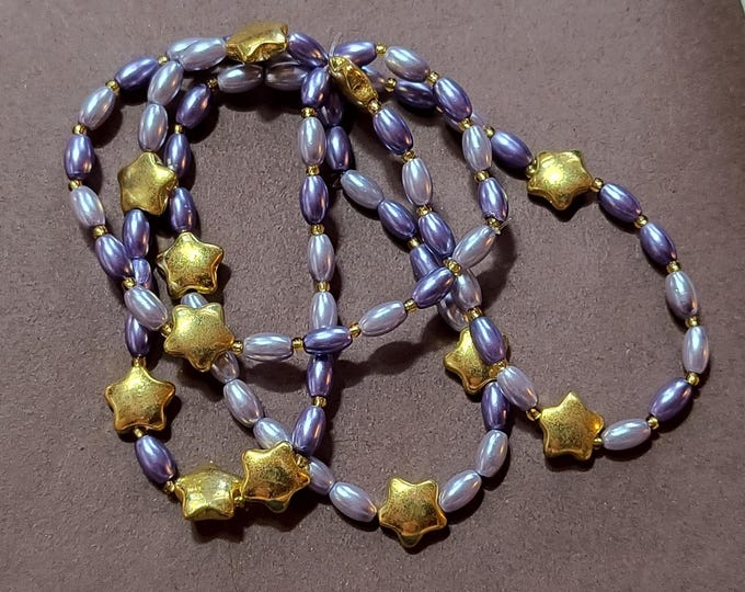 Purple Pearls and Gold Stars - a set of 4 Fun Stretch Bracelets / Made in Maine