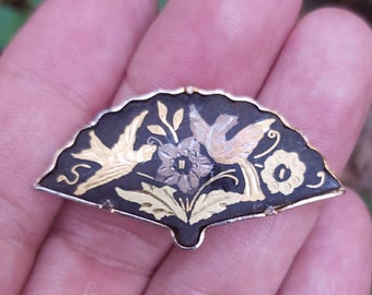 Vintage Damascene Fan Brooch, Black Gold Silver Inlay