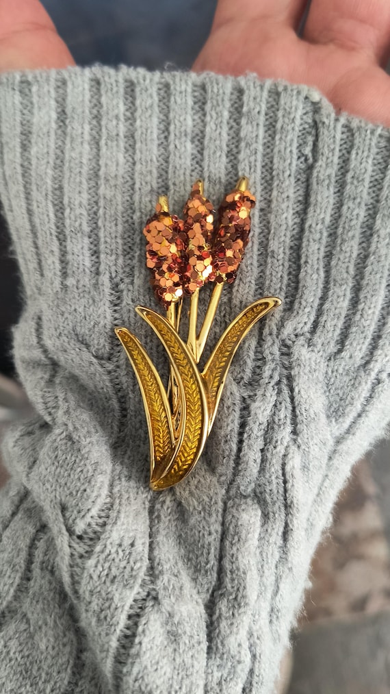 Vintage Danecraft Cat o Nine Tails Brooch, Enamel and Crystals in Goldtone Metal