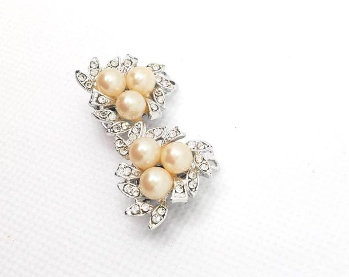 Vintage Pearl Earrings with Crystals - Mid century Clip Ons in Silver tone Metal