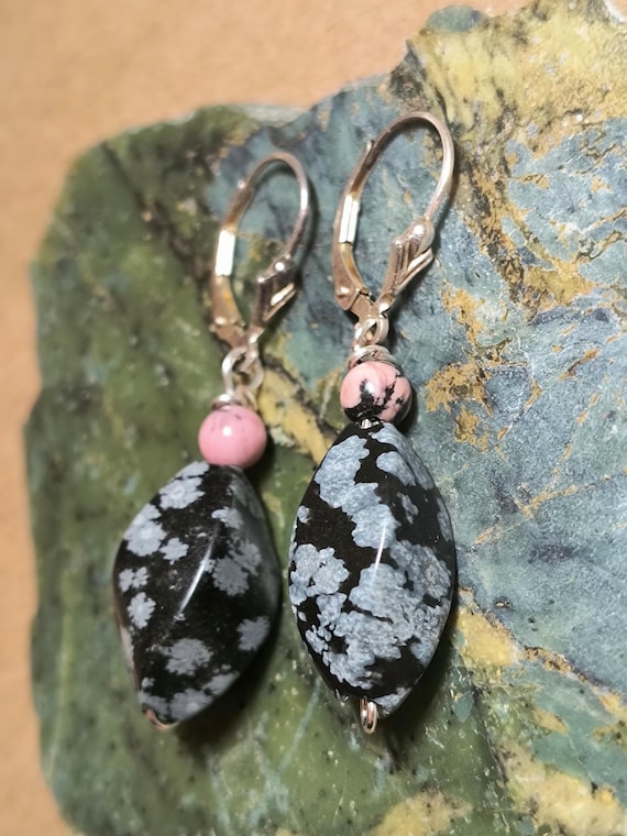 Handmade Obsidian & Rhodonite Drop Earrings, Sterling SIlver Findings