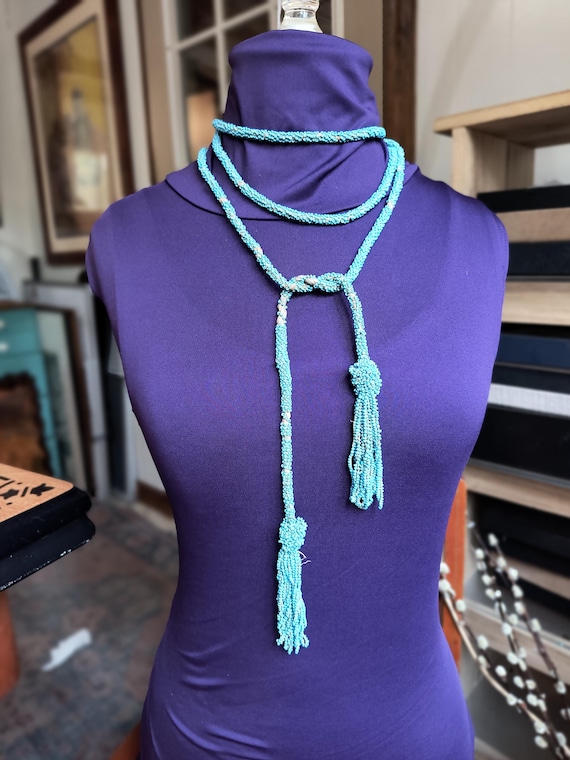 Long Lariat Necklace of Baby Blue Seed Beads from the Very Early 1900s