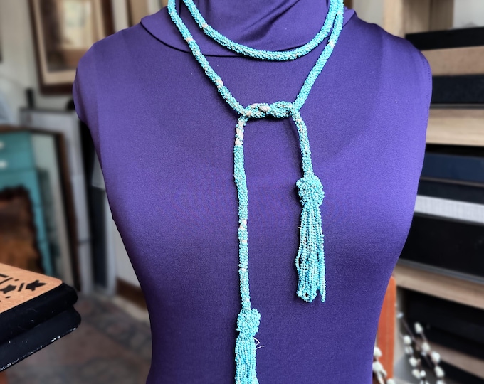 Antique 1920s Green Glass Seed Bead Rope Lariat Tassel Necklace in Baby Blue