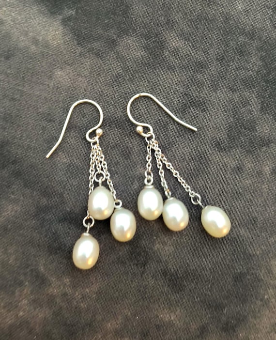 Triple Pearl Drop Earrings in Sterling Silver