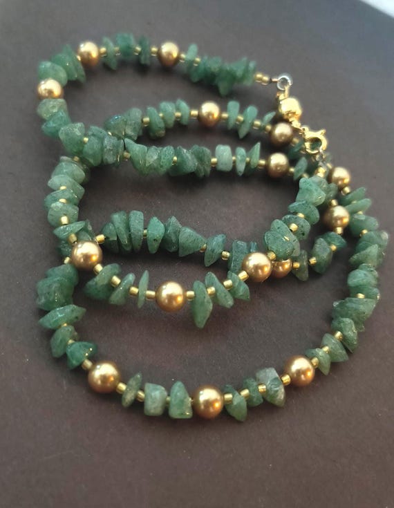 Handmade Green Aventurine & Golden Swarovski Pearl Necklace - A combination of prosperity and light!