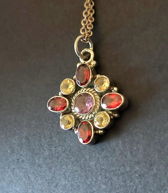 Vintage Bohemian, Medieval Style Pendant - Amethyst, Citrine & Garnet in Sterling Silver