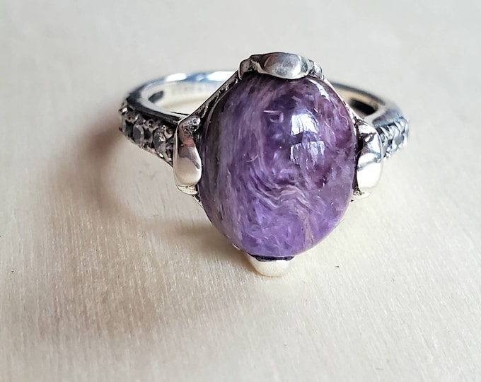 Charoite & Silver Solitaire Ring, Handmade in Maine of Art Deco Components - Sterling Silver, Unusual Engagement Ring