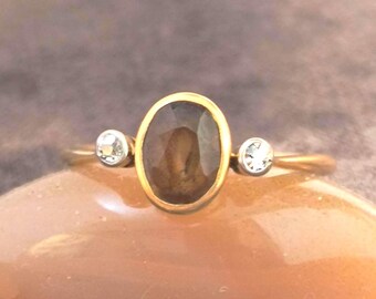 Georgian Hazel Sapphire & 18K Gold, Diamond Ring, Size 7 3/4 - From England, 1920s Neo-Georgian