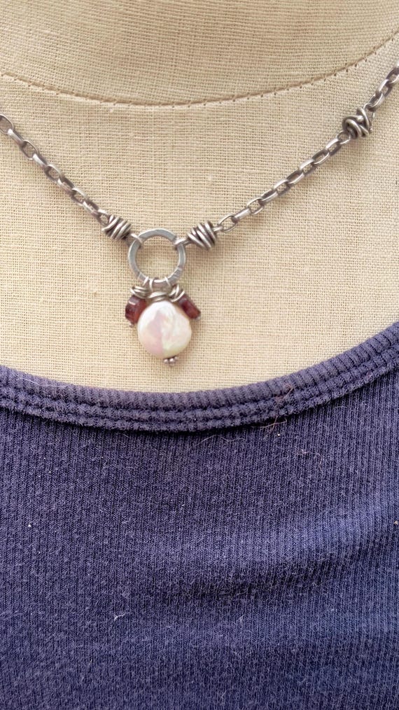 Vintage Artisan Handmade Sterling Silver Necklace Chain with Pearls and Garnets