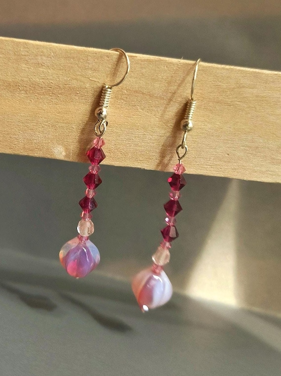Antique Dragon's Breath Opal Earrings: Hot Pink Crystal Silver Drop Earrings