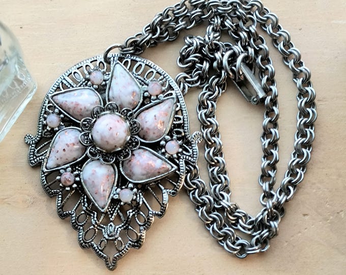 Opal Glass Necklace, Victorian Revival with Ornate Style
