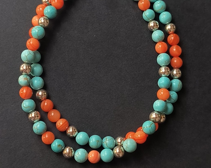 Turquoise & Coral - SMALL 6.5 Inch - Double Strand Bracelet with Desert Rose Clasp