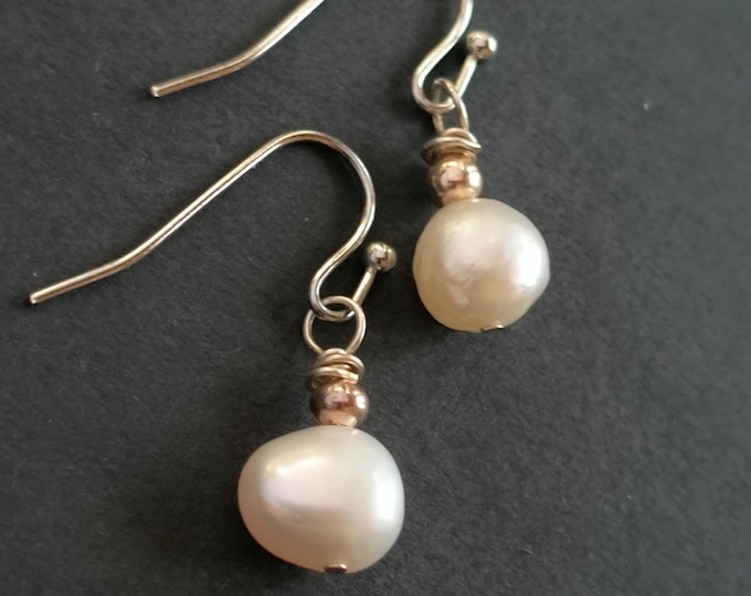 Gold Vermeil Freshwater Pearl Drop Earrings, Simple Elegant Design