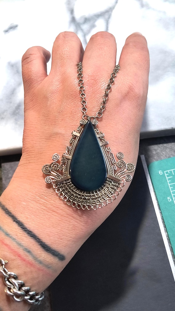 Vintage Silver Necklace -  South American Green Agate with Intricate Wire Wrapping, Chain