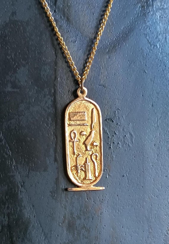Vintage Cartouche Pendant, Ancient Egyptian Heiroglyphs - Museum Reproduction Necklace 1980s