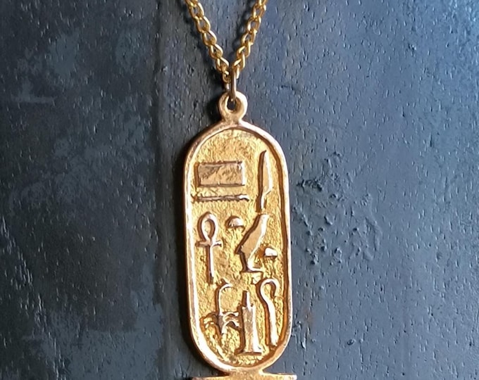 Vintage Cartouche Pendant, Ancient Egyptian Heiroglyphs - Museum Reproduction Necklace 1980s