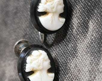 Black Goddess Cameo Earrings - Victorian Revival Screwbacks from the 1930s
