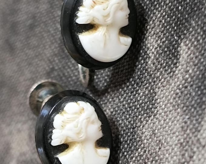 Black Goddess Cameo Earrings - Victorian Revival Screwbacks from the 1930s