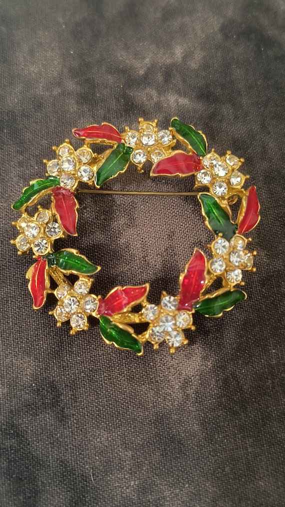 Vintage Rhinestone Christmas Wreath Brooch with Red & Green Enamel