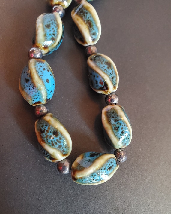 Turquoise Kiln: 1960- 70s Pottery Bead Necklace, … - image 1