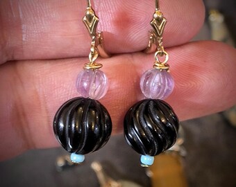 Carved Art Deco Drop Earrings - Natural Amethyst, Onyx Glass and Goldfilled Drop Earrings
