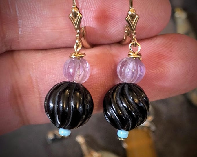Carved Art Deco Drop Earrings - Natural Amethyst, Onyx Glass and Goldfilled Drop Earrings