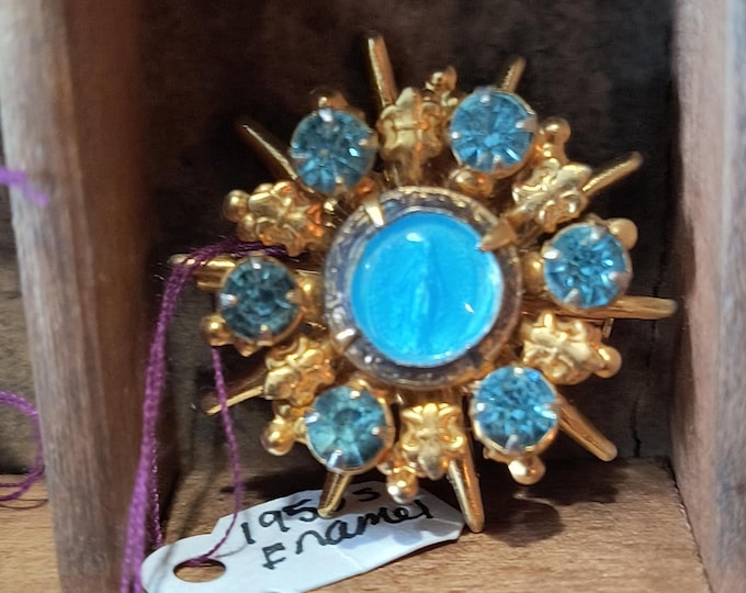 Vintage Virgin Mary Pin -  Vintage Gold Tone Brooch with Blue Rhinestones