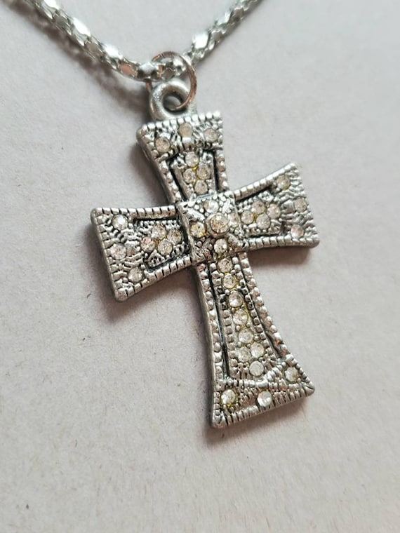 Vintage Crystal Cross Necklace - Silvertone Pendant and Long Chain
