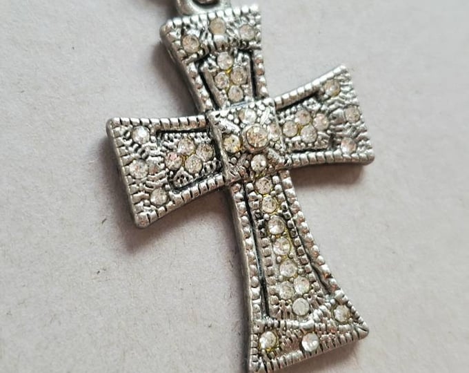Vintage Crystal Cross Pendant Necklace: Silvertone Chain, Gift Box