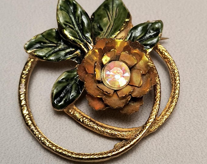 Vintage Rhinestone Floral Circle Brooch with Green Enamel and Gold Gilt