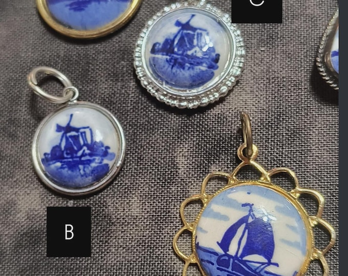 Vintage Delft Sailboat Pendant: Silver & Hand-Painted Ceramic, Netherlands