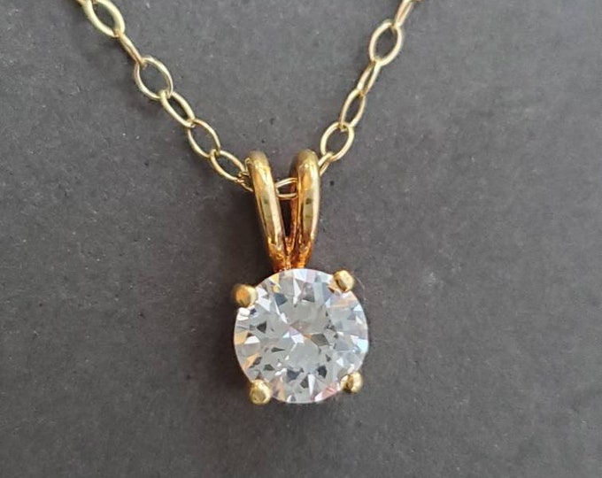 Classic Diamond Solitaire necklace, Gold Vermeil over Sterling Silver, Matching 18 Inch Chain