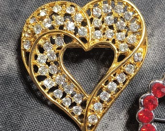 Vintage Rhinestone Heart Brooch - 80s Glitter Jewelry