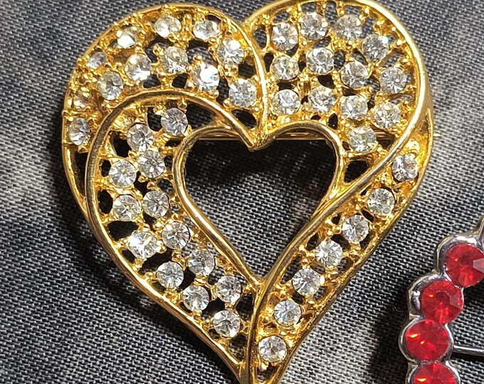 Vintage Rhinestone Heart Brooch - 80s Glitter Jewelry