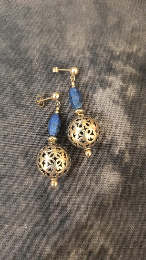 Vintage Lapis Lazuli Filigree Gold Gilt Earrings, 60s-70s