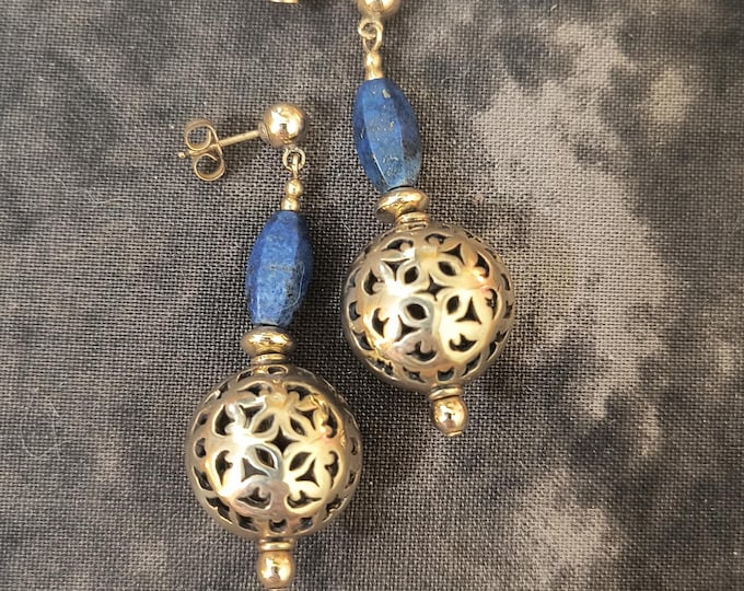 Vintage Lapis Lazuli Filigree Gold Gilt Earrings, 60s-70s