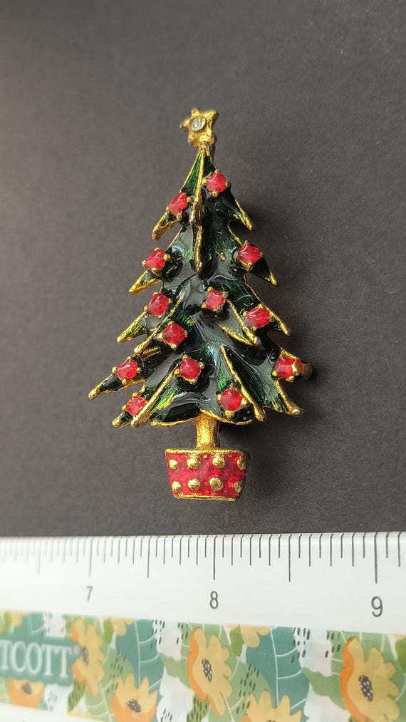 Vintage Christmas Tree Brooch, 1970 - 80s, Red Gemstones & ENamel