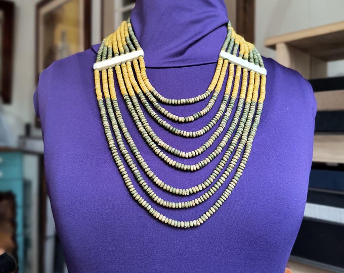 African 1960s Bone & Wood Bead necklace - bovine bone, green and gold beads